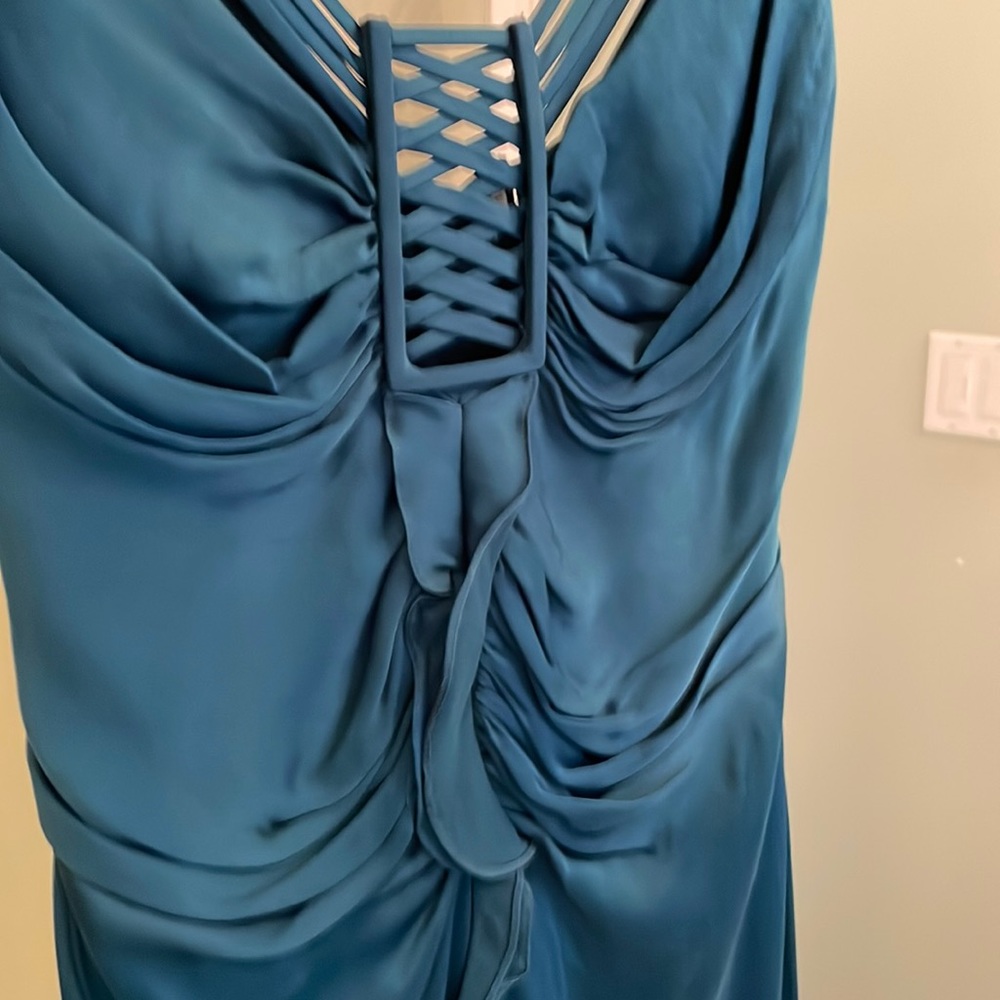 New Badgley Mischka deep teal silk evening gown